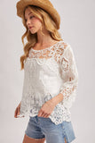 BOHO SHEER CROCHET 3/4 SLEEVED TOP WITH NO LINING: NATURAL / M