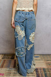 Floral Embroidered Patches Butterfly Patchwork Woven Pants: BLACK STRIPED MULTI / M