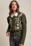 Floral Embroidered Puff Sleeve Cardigan: Dark Olive / M