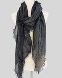JC021037 Soft Crinkle Gauze Scarf – Boho Lightweight Shawl, Vintage Washed Wrap with Raw Fringe Edges: Black