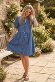 Short Sleeve 100%Tencel Chambray Denim Casual Dress VD83372: Denim Blue / M
