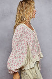 V neck balloon sleeve floral ruffle woven printed top: PINK MULTI / M