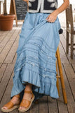 Ruffle Frayed Hem Chambray Casual Western Maxi Skirt VS83151: Washed Denim / S