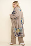 Mineral Washed Boho Plaid Patched Long Fall Jacket HT6861: Chocolate / S-M-L / 2-2-2