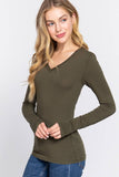 Basic Solid Long Sleeve V Neck Top: BLACK / 2-2-2 (S-M-L)