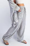 STRIPE SOFT WASH LINEN BLENDED PANTS: Black/Natural / S-M-L(2-2-2)