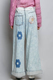 Floral Patchwork Rolled-up Denim Straight Pants: DENIM / M