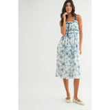 FLORAL MIDI DRESS WITH VELVET TRIM DETAIL / WL24-9914: BLUE/WHITE / L