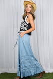 Ruffle Frayed Hem Chambray Casual Western Maxi Skirt VS83151: Washed Denim / L