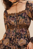 Floral Button-Front Tiered Ruffle Maxi Dress: Black / M