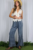 Flared Ruffle Hem Washed Chambray Crop Denim Pants VP83039: Washed Denim / L