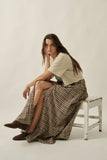 Woven Plaid Button-Front Ruffle-Hem Drawstring Maxi Skirt: Chocolate / L