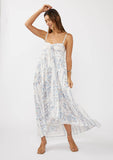 Hi-Lo Spaghetti Strap Patchwork Ruffle Maxi Dress: Creamy/Dusty Blue / M
