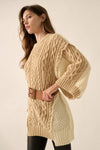 Colorblock Round-Neck Cable-Knit Oversize Sweater: Sand / S