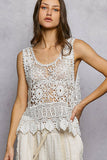 Round Neck Sleeveless Crochet Scalloped Opening Top: NATURAL / Os