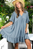 V-Neck 100%Tencel Chambray Tiered Dress VD81038A: Light Denim / L