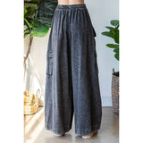 WASHED 3D POCKET SLOUCHY WIDE LEG PANTS: SLATE / S-M-L(2-2-2)