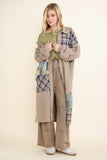 Mineral Washed Boho Plaid Patched Long Fall Jacket HT6861: Chocolate / S-M-L / 2-2-2