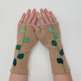 Fingerless Cashmere Gloves-Leaves: Grey / One Size Fits Most