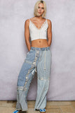 Lace-overlay waistband detail contrast denim woven pants: DENIM MULTI / M