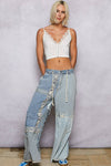 Lace-overlay waistband detail contrast denim woven pants: DENIM MULTI / S