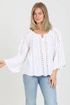 F2846-ASIS FLARE BELL SLEEVE LACE INSET V NECK TOP: White / L