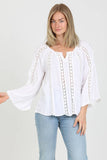 F2846-ASIS FLARE BELL SLEEVE LACE INSET V NECK TOP: White / S