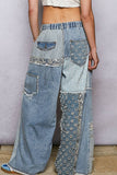 Lace-overlay waistband detail contrast denim woven pants: DENIM MULTI / L