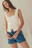 Ribbed Cotton Button-Front Picot Trim Tank: PINK FL / S-2/M-2/L-2