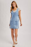 DENIM WASHED OVERALL POCKET DRESS: LT.WASH / L