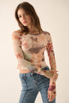Floral-Print Mesh Long-Sleeve Thumbhole Top: Natural / L