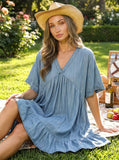 V-Neck 100%Tencel Chambray Tiered Dress VD81038A: Light Denim / S
