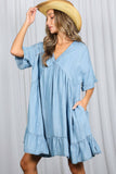 V-Neck 100%Tencel Chambray Tiered Dress VD81038A: Light Denim / S
