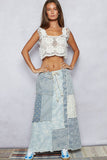 Floral pattern denim patchwork detail woven skirts: DENIM MULTI / L
