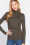Long Sleeve Turtle Neck Rib Knit Top: DARK GREEN / 2-2-2 (S-M-L)