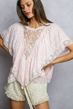 Lace Trim V Ruffle Detail Textured Woven Short Sleeve Top: PALE BLUE / M