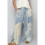 Drawstring floral patch denim pants: DENIM / L