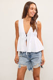 TIE FRONT SLEEVELESS PEPLUM TOP: White / L