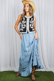 Ruffle Frayed Hem Chambray Casual Western Maxi Skirt VS83151: Washed Denim / M