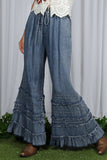 Flared Ruffle Hem Washed Chambray Crop Denim Pants VP83039: Washed Denim / L