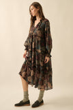 Floral-Print Tiered Ruffle Long-Sleeve Midi Dress: RETRO BLUE / L
