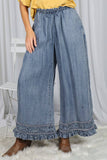 Flared Ruffle Hem Washed Chambray Crop Denim Pants VP83186: Washed Denim / L