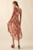 Floral Mesh Fit-and-Flare Boat-Neck Midi Dress: BROWN / M