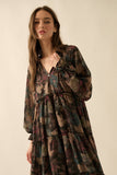 Floral-Print Tiered Ruffle Long-Sleeve Midi Dress: RETRO BLUE / L