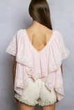 Lace Trim V Ruffle Detail Textured Woven Short Sleeve Top: ALMOND / L