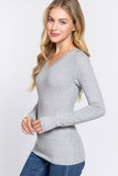 Basic Solid Long Sleeve V Neck Top: CELADON GREEN / 2-2-2 (S-M-L)