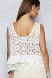 Round neck ruffle embroidered eyelet crochet top: NATURAL / Os