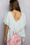 Lace Trim V Ruffle Detail Textured Woven Short Sleeve Top: OFF WHITE / L