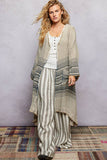 V-Neck Solid Stripe Linen Long Sleeve Cardigan: NATURAL MULTI / L