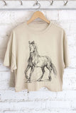 HORSE SKETCH GRAPHIC LONG CROP TOP : KHAKI